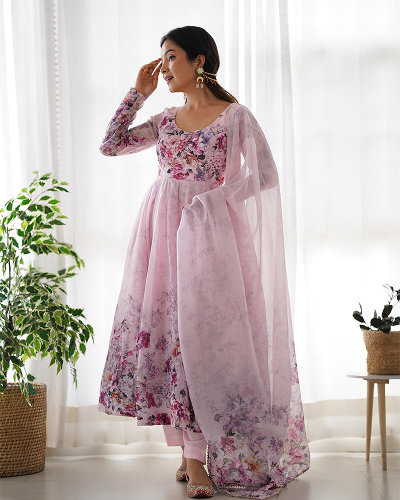 BABY PINK COLOR FLORAL PRINT ORGANZA ANARKALI SUIT SET OF 3