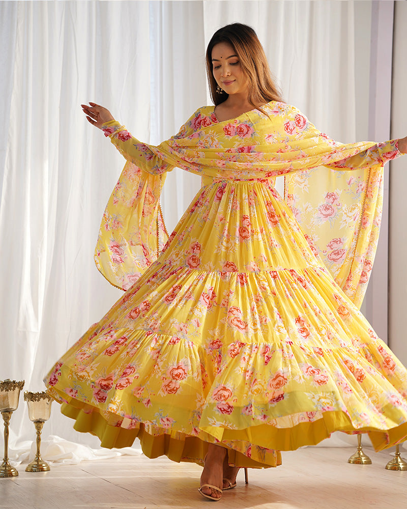 YELLOW COLOR GEORGETTE THREE LAYER RUFFLE STYLE ANARKALI SUIT SET OF 3