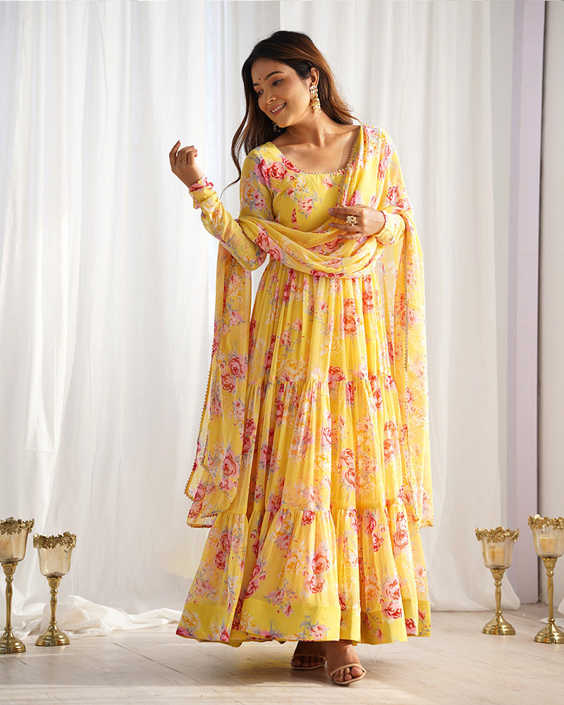 YELLOW COLOR GEORGETTE THREE LAYER RUFFLE STYLE ANARKALI SUIT SET OF 3