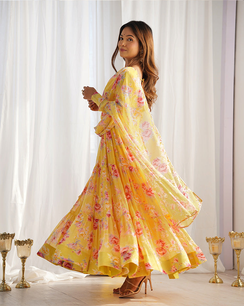 YELLOW COLOR GEORGETTE THREE LAYER RUFFLE STYLE ANARKALI SUIT SET OF 3