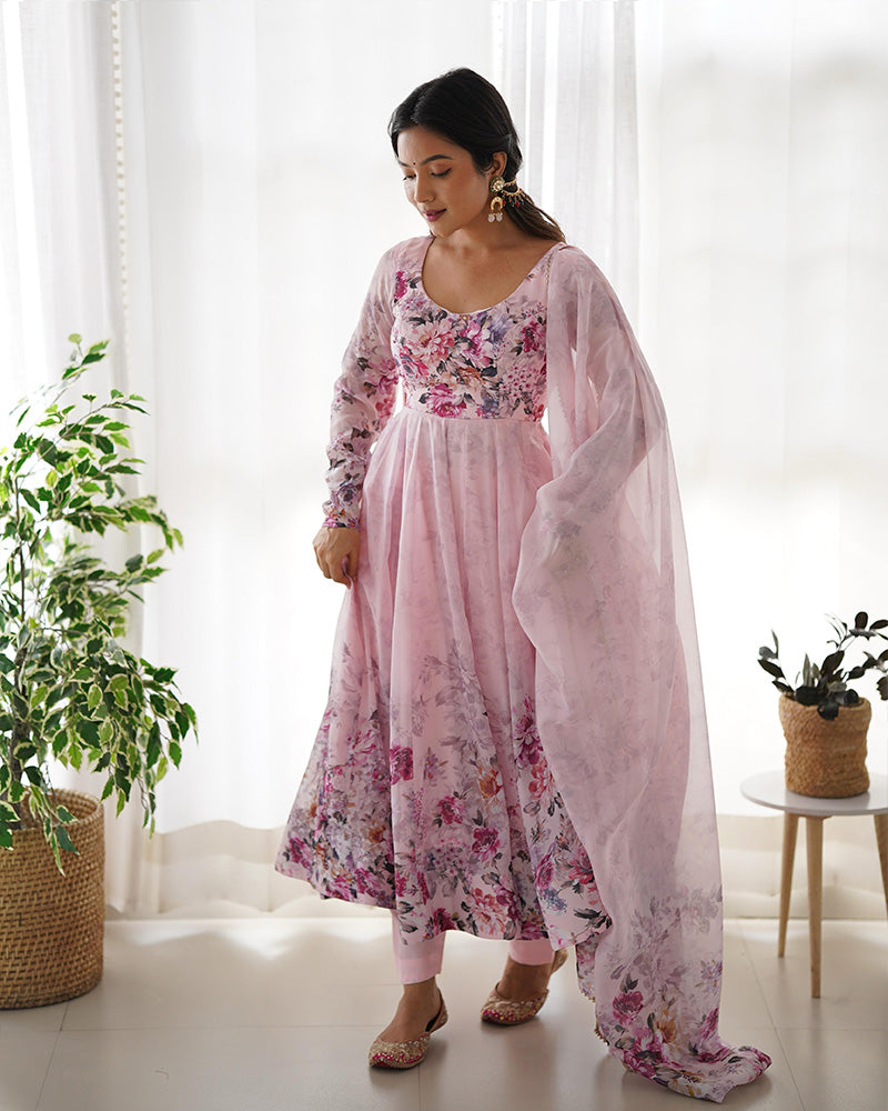 BABY PINK COLOR FLORAL PRINT ORGANZA ANARKALI SUIT SET OF 3
