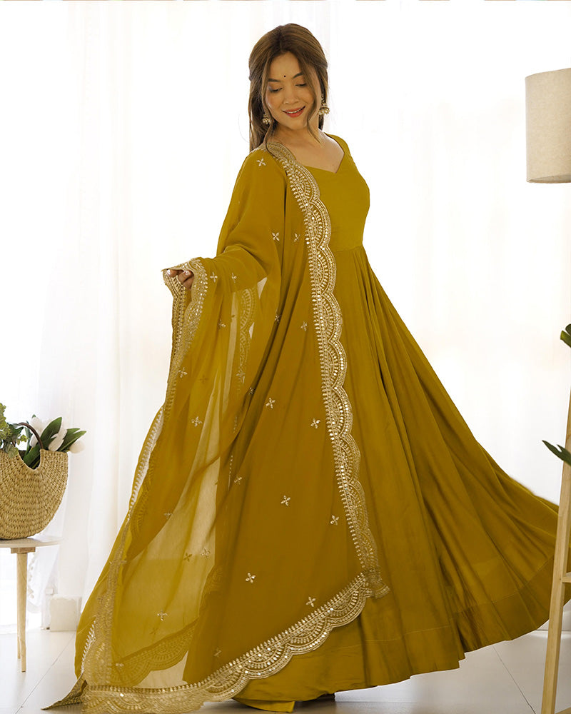 BEAUTIFUL MUSTARD COLOR PURE CHANDERI SILK ANARKALI SUIT SET OF 3