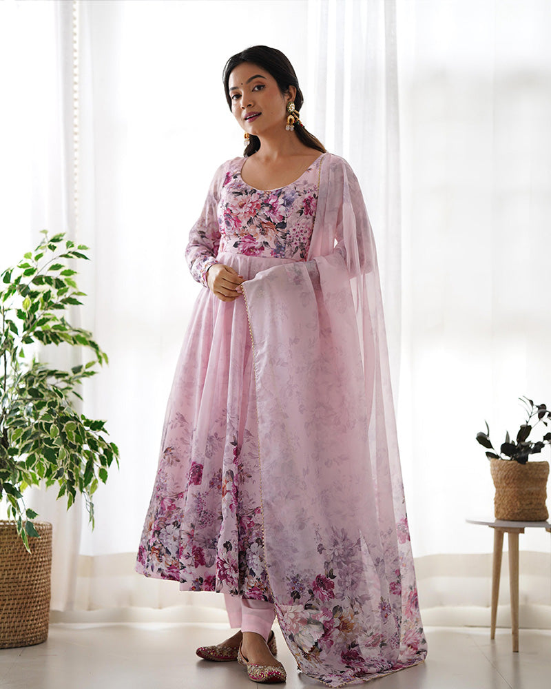 BABY PINK COLOR FLORAL PRINT ORGANZA ANARKALI SUIT SET OF 3