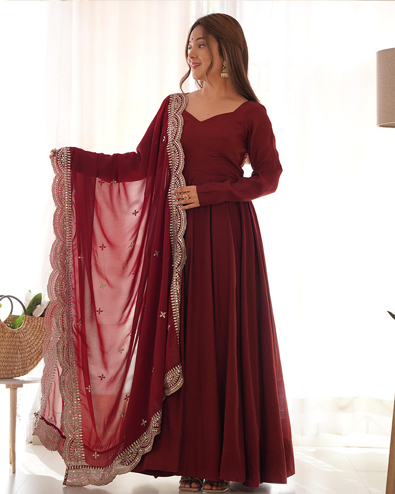 BEAUTIFUL MAROON COLOR PURE CHANDERI SILK ANARKALI SUIT SET OF 3