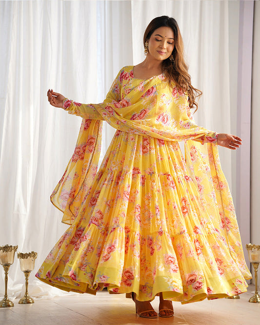 YELLOW COLOR GEORGETTE THREE LAYER RUFFLE STYLE ANARKALI SUIT SET OF 3