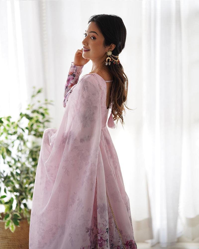 BABY PINK COLOR FLORAL PRINT ORGANZA ANARKALI SUIT SET OF 3