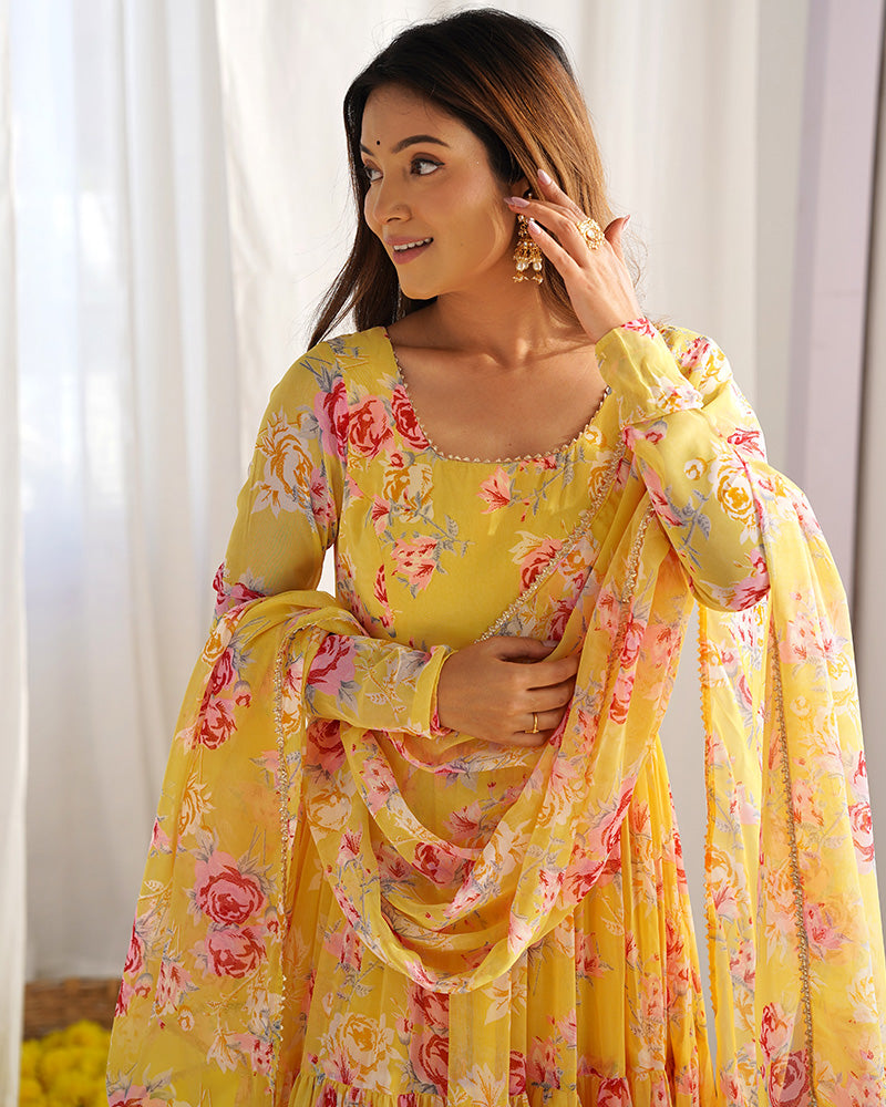 YELLOW COLOR GEORGETTE THREE LAYER RUFFLE STYLE ANARKALI SUIT SET OF 3