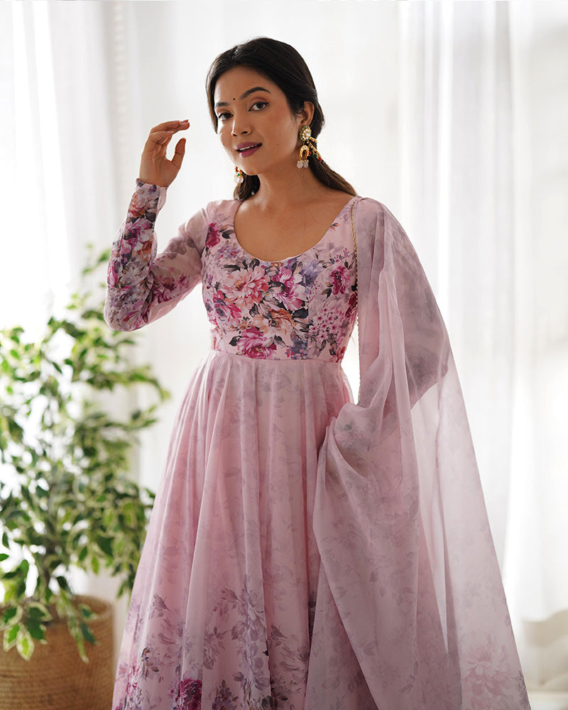 BABY PINK COLOR FLORAL PRINT ORGANZA ANARKALI SUIT SET OF 3