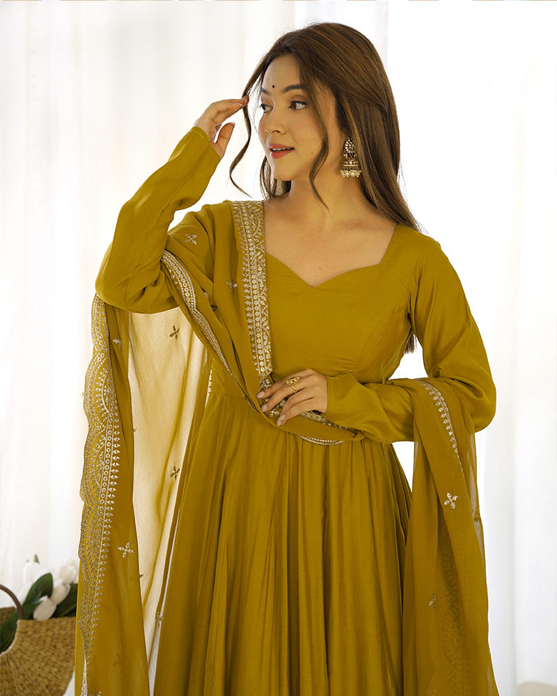 BEAUTIFUL MUSTARD COLOR PURE CHANDERI SILK ANARKALI SUIT SET OF 3
