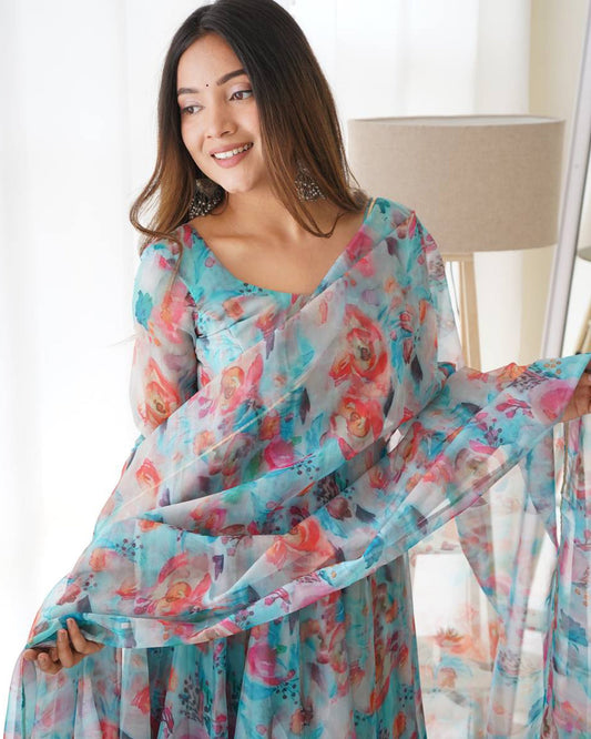 SKY BLUE MULTI COLOR PRINT ORGANZA ANARKALI SUIT SET OF 3