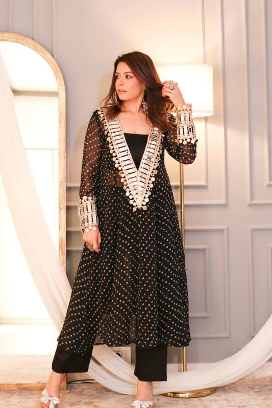 BLACK COLOR BANDHANI PRINT MIRROR WORK CO-ORD SET