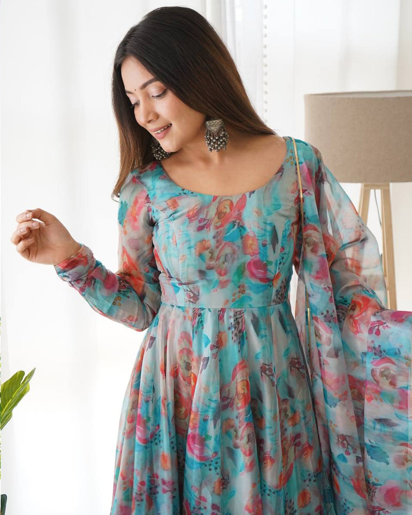 SKY BLUE MULTI COLOR PRINT ORGANZA ANARKALI SUIT SET OF 3