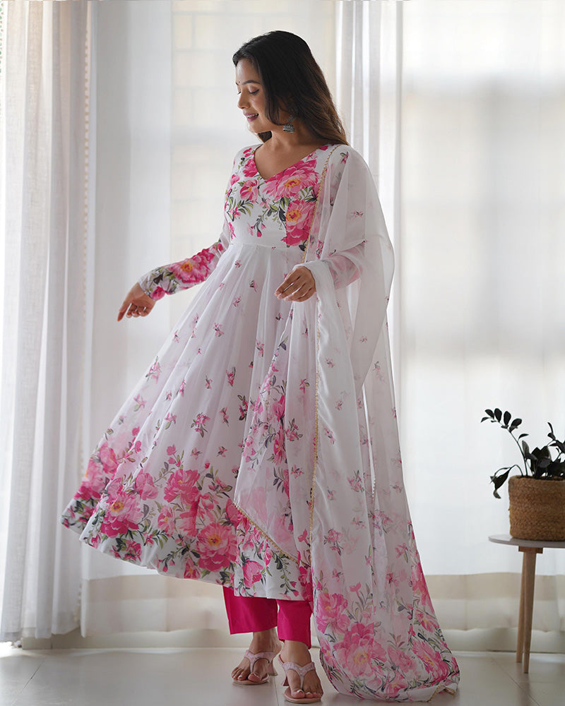 WHITE ORGANZA SILK FLORAL PRINT ANARKALI SUIT SET OF 3