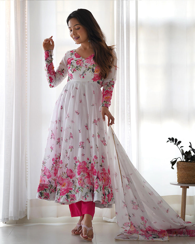 WHITE ORGANZA SILK FLORAL PRINT ANARKALI SUIT SET OF 3