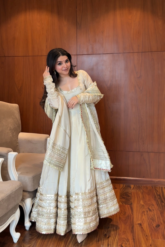 MOST TRENDING OFF WHITE COLOR EMBROIDERY SEQUENCE WORK ANARKALI GOWN