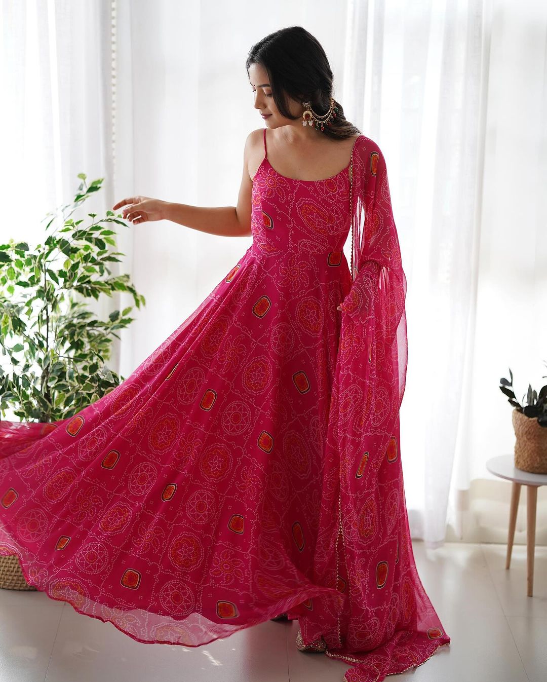 FLORAL PINK COLOR BANDHANI PRINT SOFT CHIFFON ANARKALI GOWN