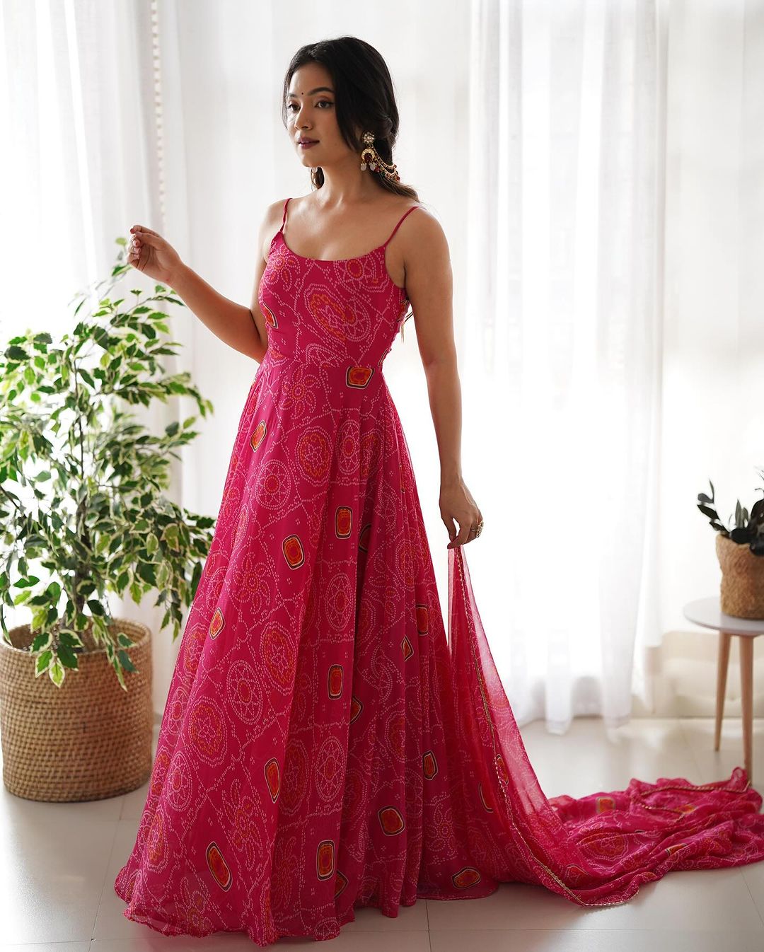 FLORAL PINK COLOR BANDHANI PRINT SOFT CHIFFON ANARKALI GOWN