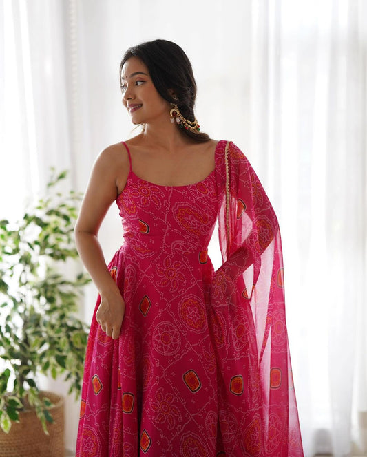 FLORAL PINK COLOR BANDHANI PRINT SOFT CHIFFON ANARKALI GOWN