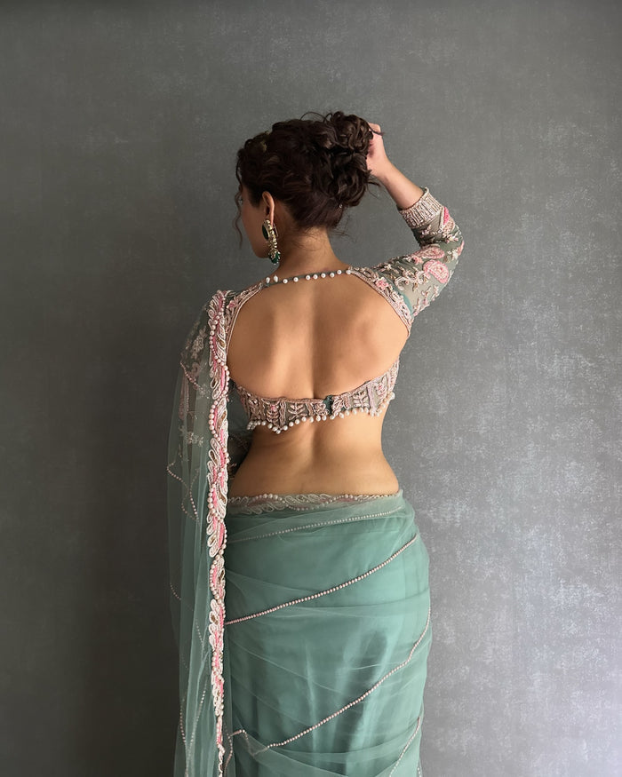 DUSKY TURQUOISE EMBROIDERED NET SAREE WITH BLOUSE