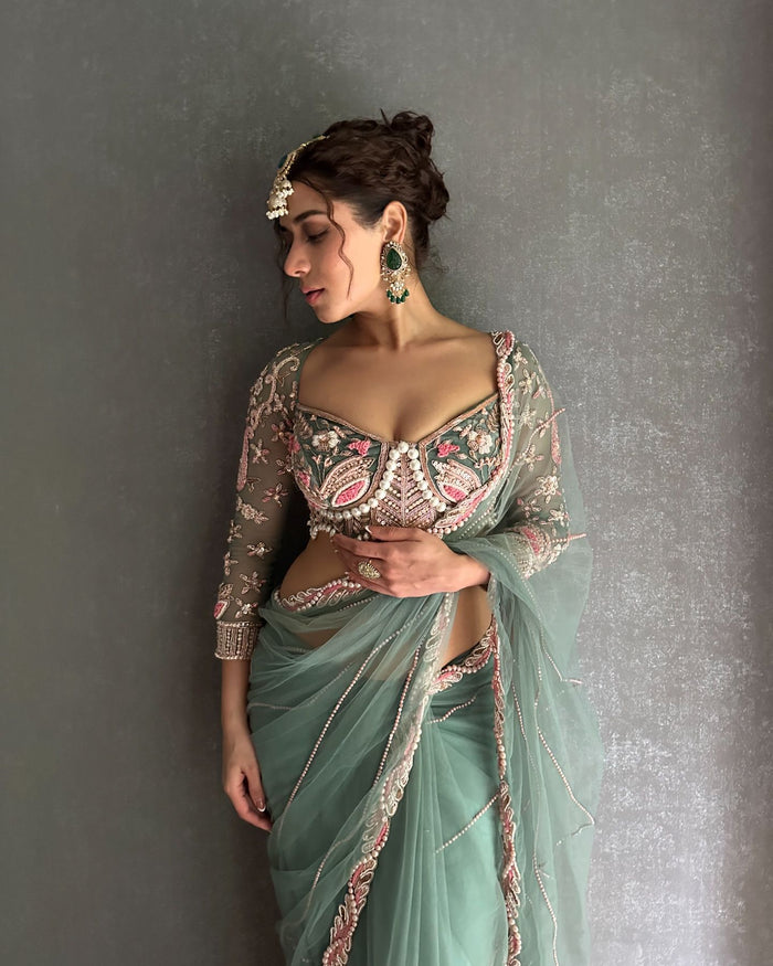 DUSKY TURQUOISE EMBROIDERED NET SAREE WITH BLOUSE