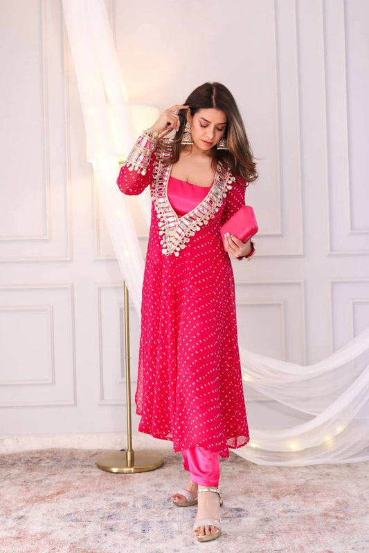 RANI PINK COLOR BANDHANI PRINT MIRROR WORK CO-ORD SET