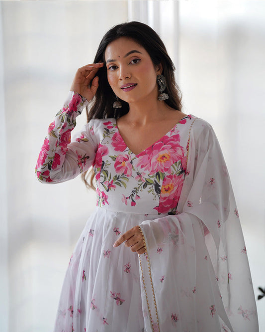 WHITE ORGANZA SILK FLORAL PRINT ANARKALI SUIT SET OF 3