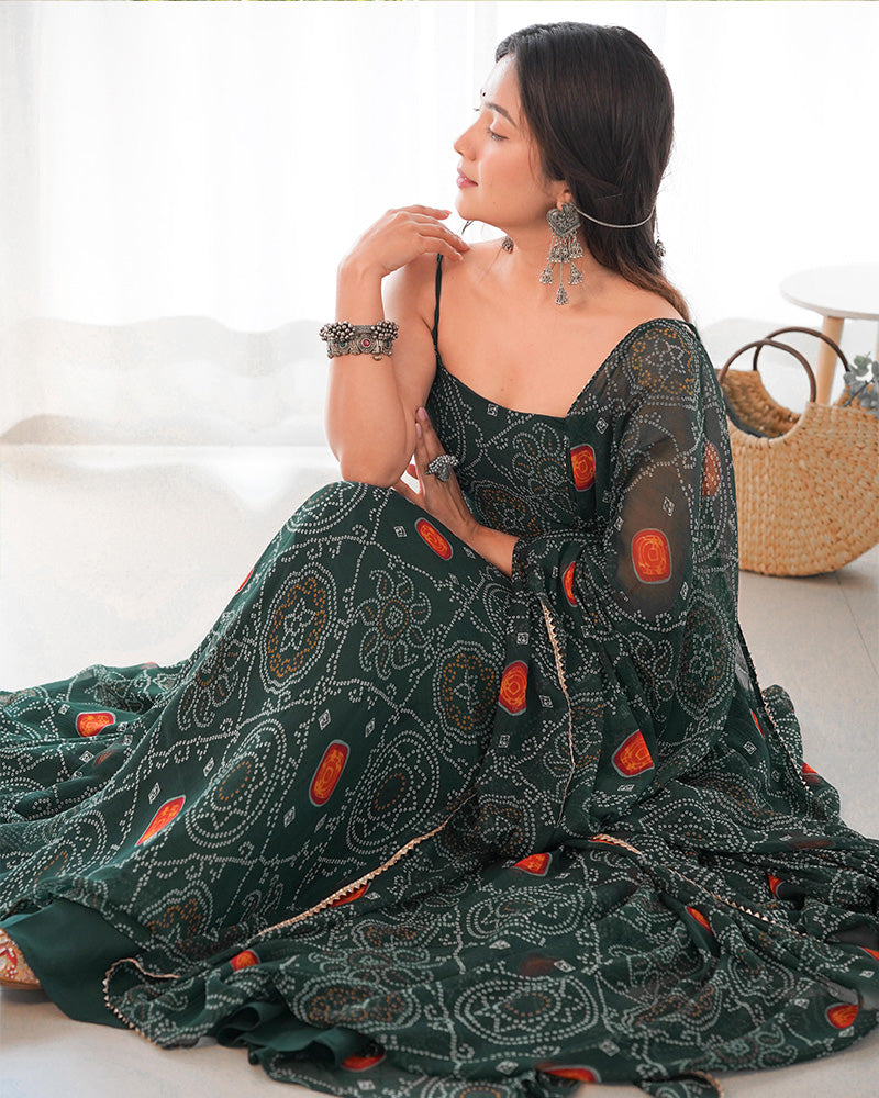 FLORAL DARK GREEN COLOR BANDHANI PRINT SOFT CHIFFON ANARKALI GOWN