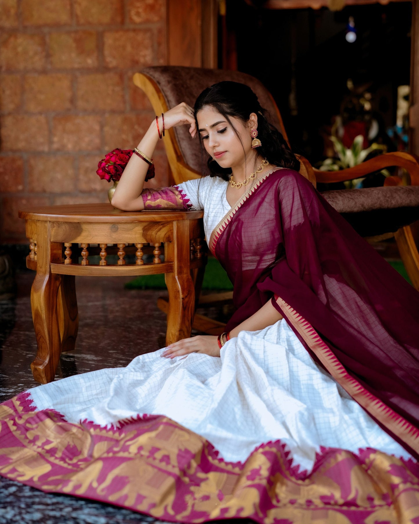 WHITE COLOR CHEX WITH ZARI WEAVING WORK POLY COTTON WEDDING LEHENGA CHOLI