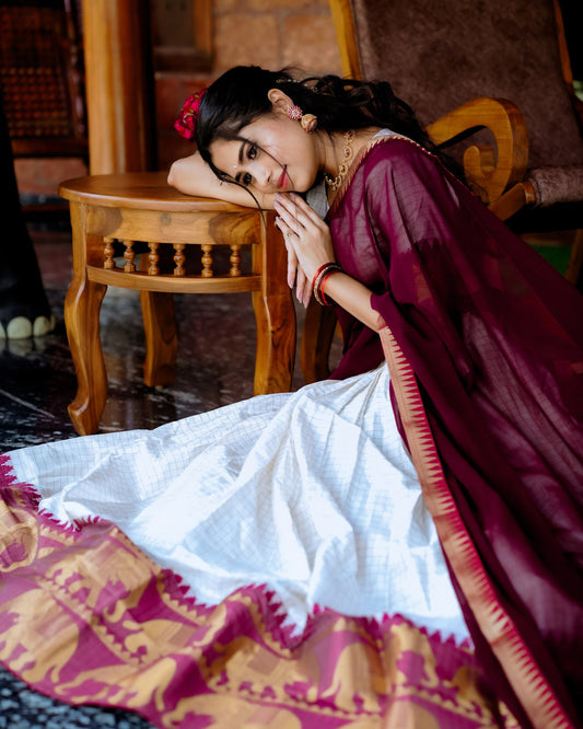 WHITE COLOR CHEX WITH ZARI WEAVING WORK POLY COTTON WEDDING LEHENGA CHOLI