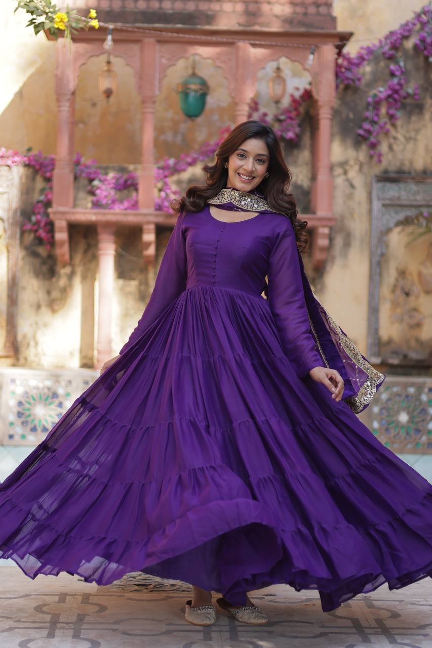 PURPLE COLOR STAR GEORGETTE GOWN WITH EMBROIDERED DUPATTA