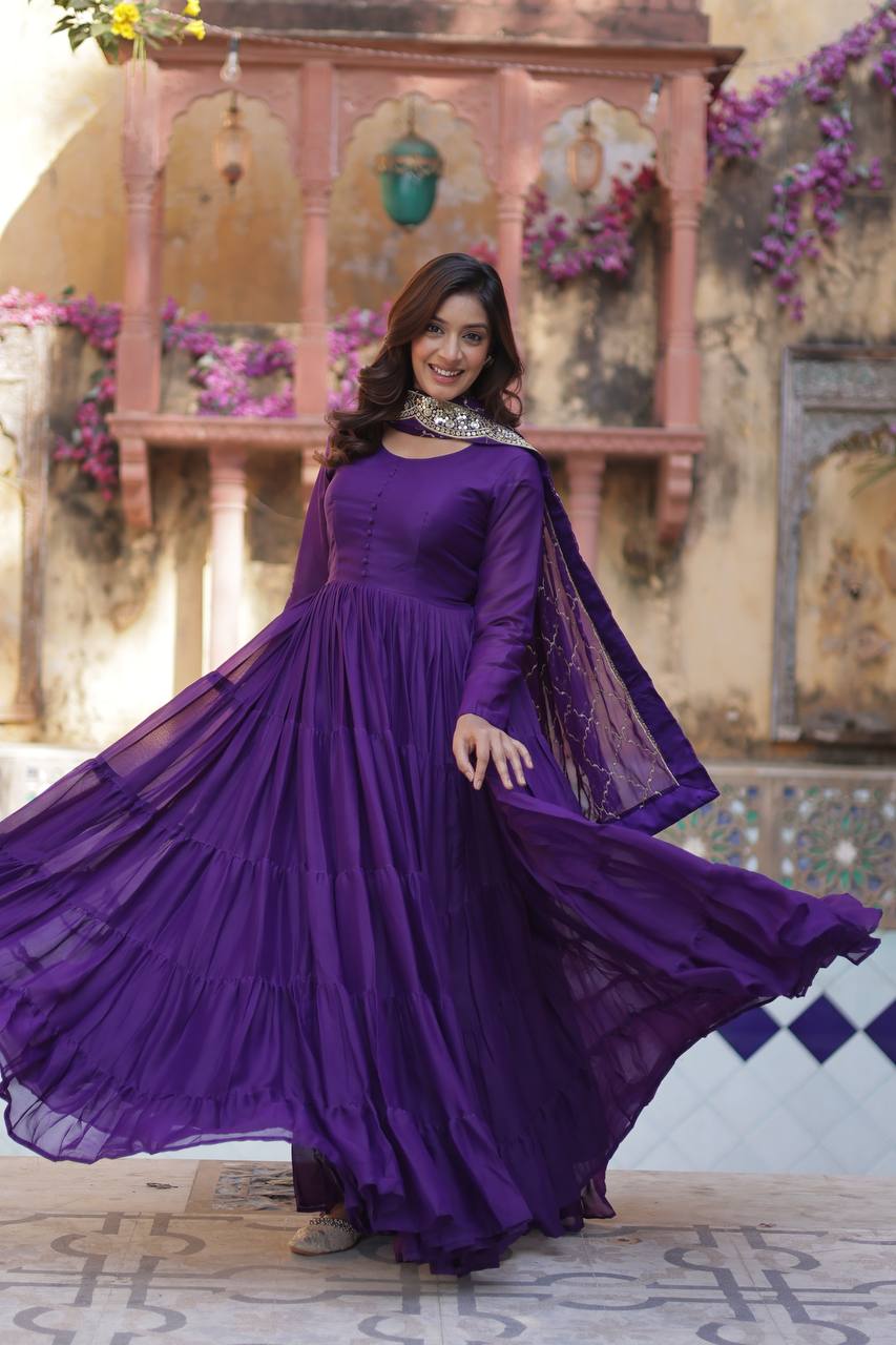PURPLE COLOR STAR GEORGETTE GOWN WITH EMBROIDERED DUPATTA
