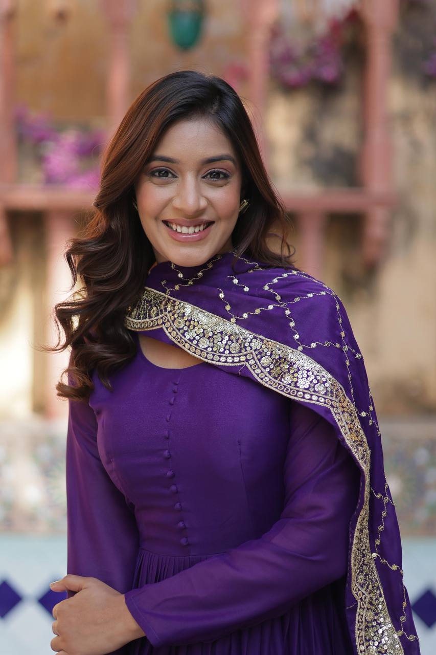 PURPLE COLOR STAR GEORGETTE GOWN WITH EMBROIDERED DUPATTA