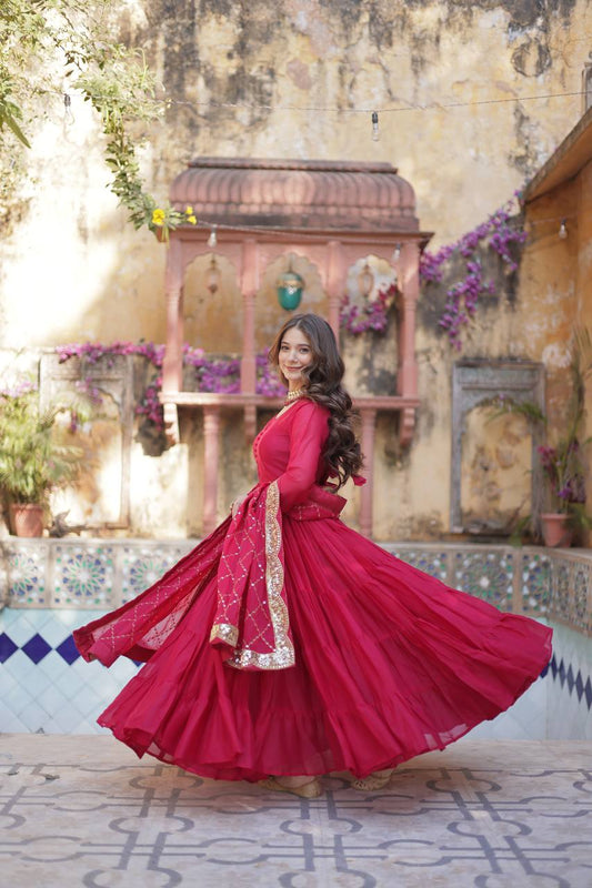 RANI PINK COLOR STAR GEORGETTE GOWN WITH EMBROIDERED DUPATTA