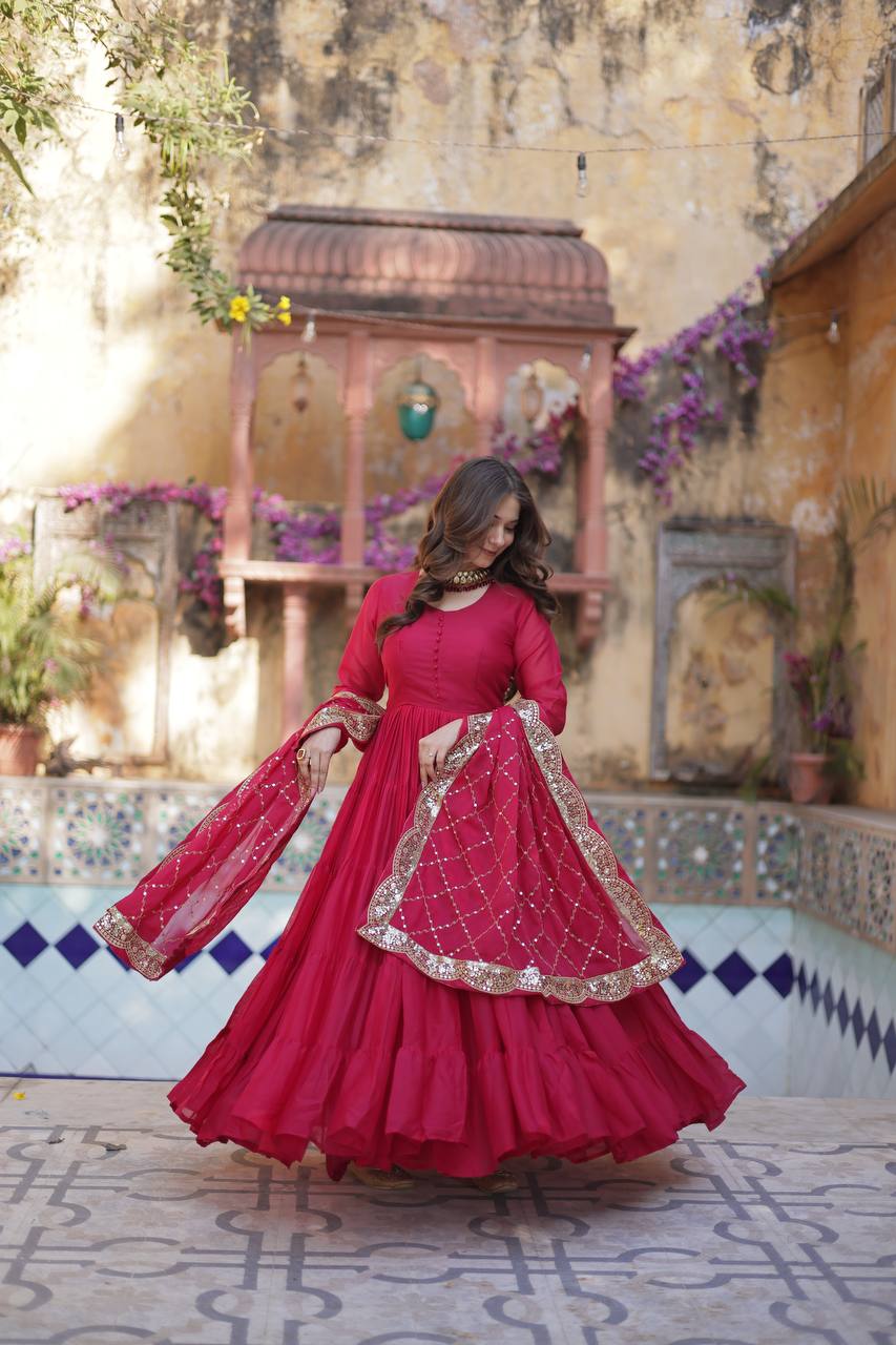 RANI PINK COLOR STAR GEORGETTE GOWN WITH EMBROIDERED DUPATTA