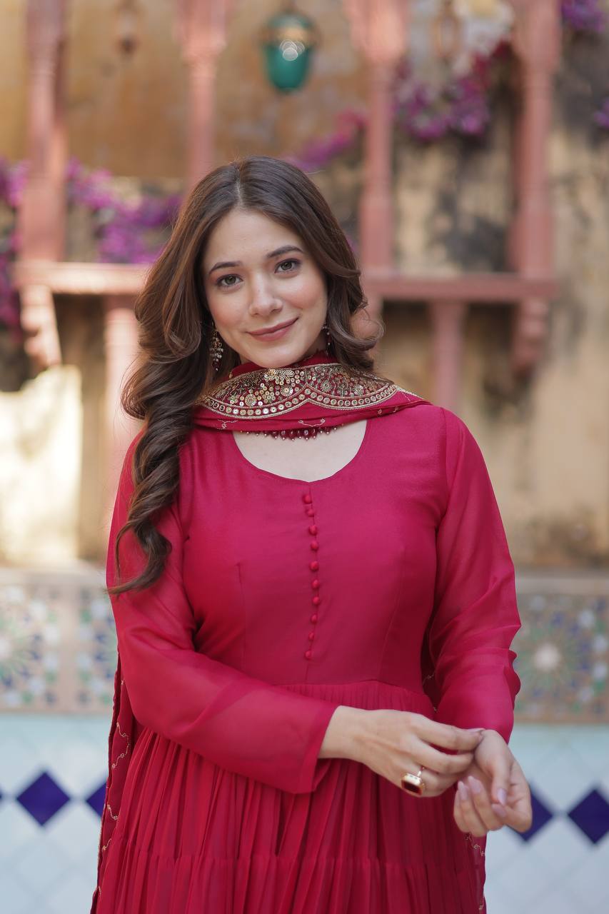 RANI PINK COLOR STAR GEORGETTE GOWN WITH EMBROIDERED DUPATTA