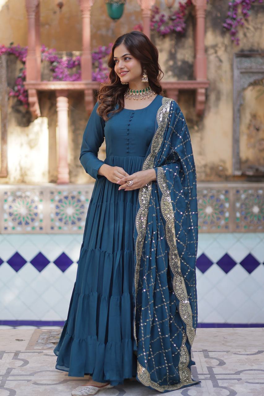 MORPEACH COLOR STAR GEORGETTE GOWN WITH EMBROIDERED DUPATTA