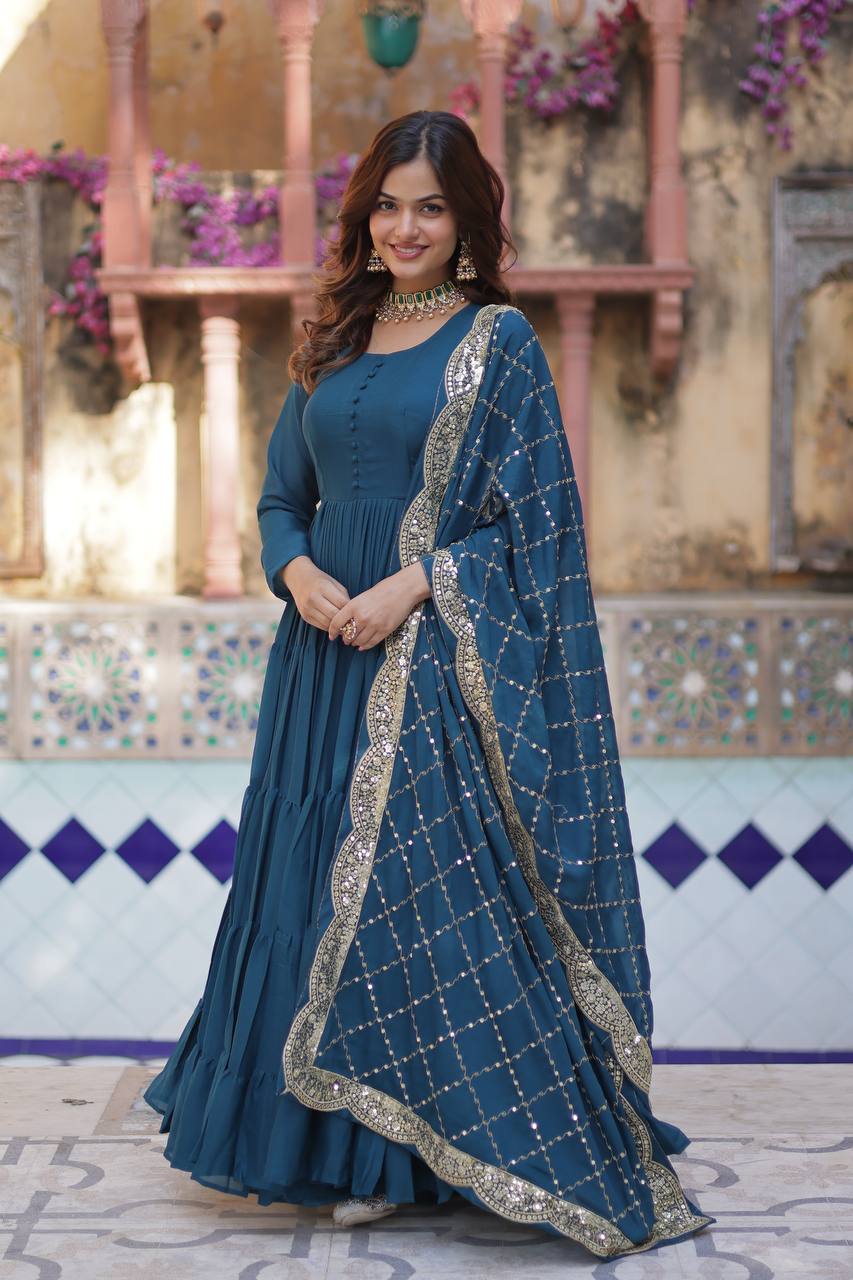 MORPEACH COLOR STAR GEORGETTE GOWN WITH EMBROIDERED DUPATTA