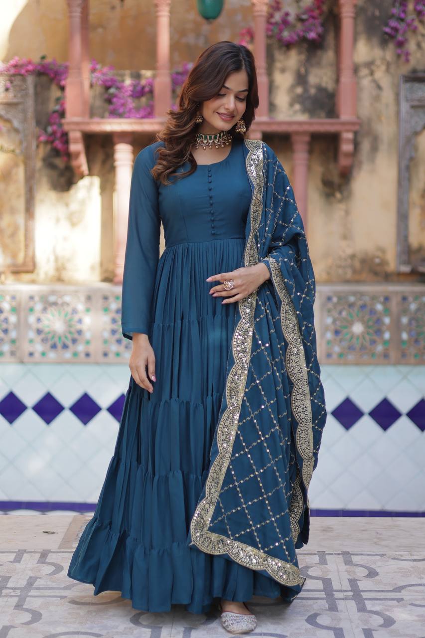MORPEACH COLOR STAR GEORGETTE GOWN WITH EMBROIDERED DUPATTA