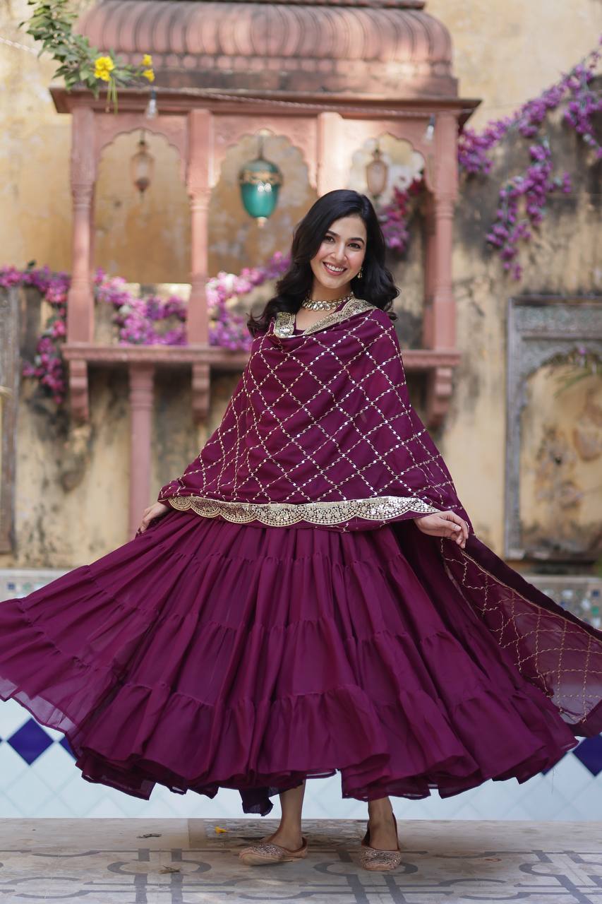 PLUM COLOR STAR GEORGETTE GOWN WITH EMBROIDERED DUPATTA