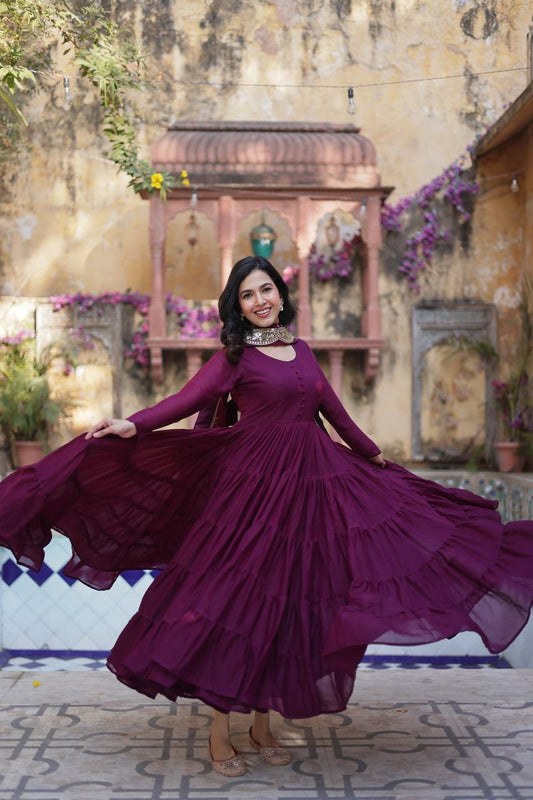 PLUM COLOR STAR GEORGETTE GOWN WITH EMBROIDERED DUPATTA