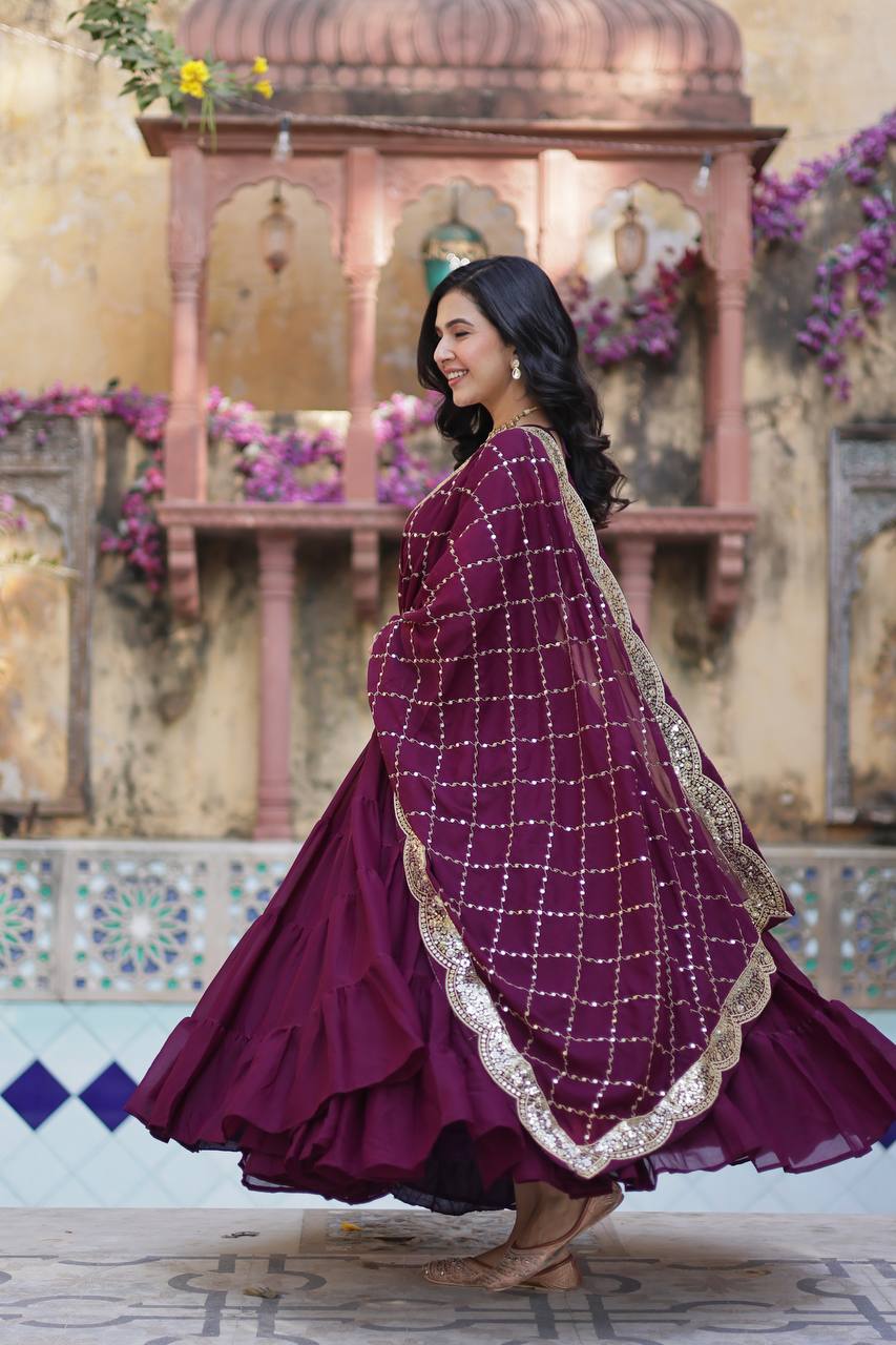 PLUM COLOR STAR GEORGETTE GOWN WITH EMBROIDERED DUPATTA