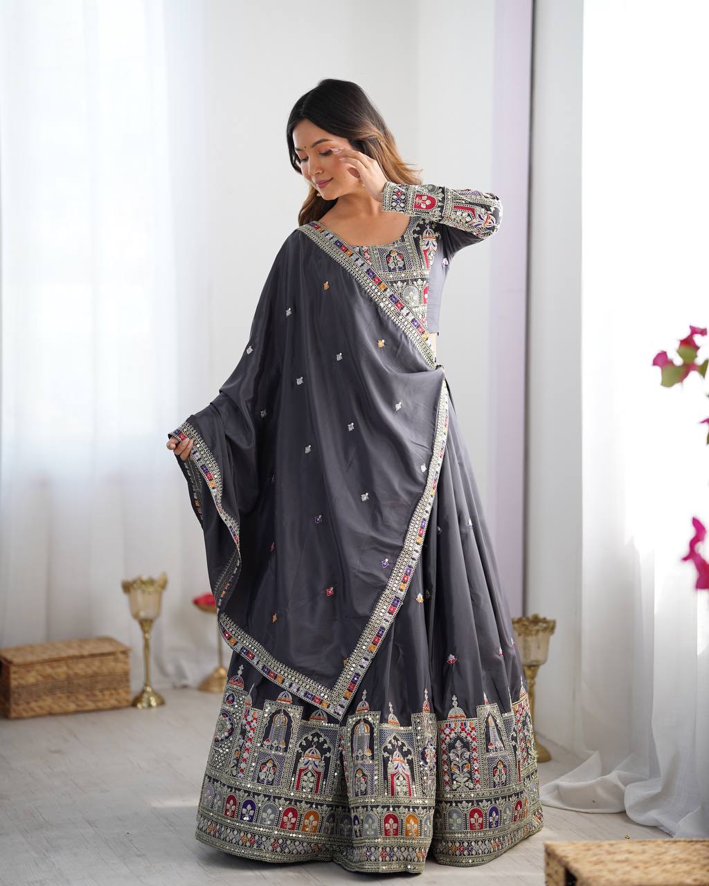 BLACK COLOR NATURAL CREPE SILK LEHENGA CHOLI