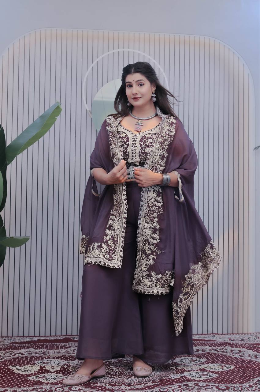 PANSY PETAL PURPLE GEORGETTE WEDDING WEAR PLAZZO TOP WITH SHRUG