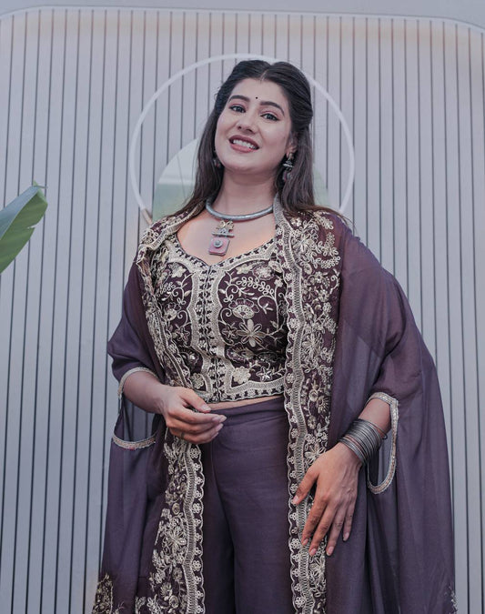 PANSY PETAL PURPLE GEORGETTE WEDDING WEAR PLAZZO TOP WITH SHRUG