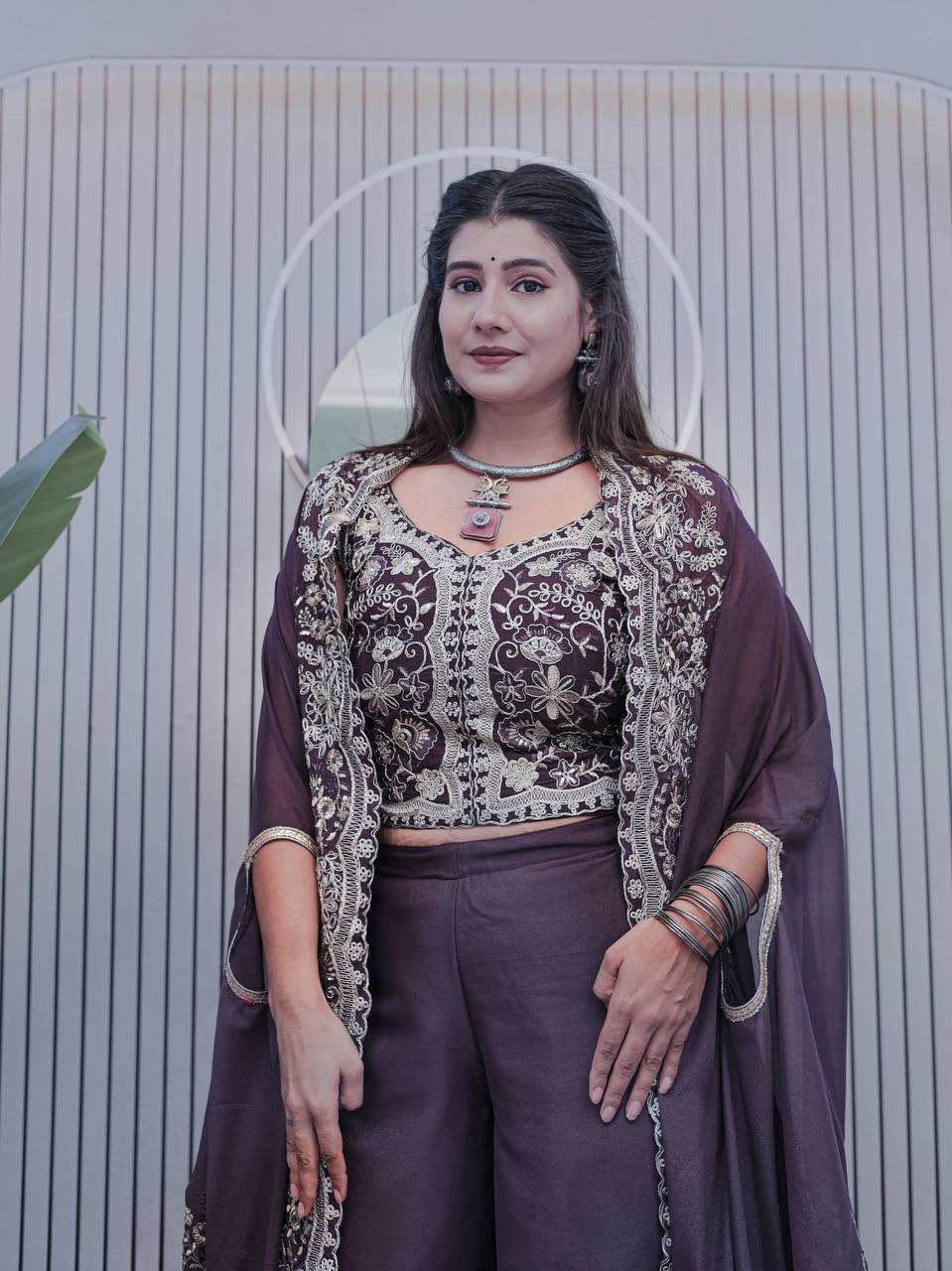 PANSY PETAL PURPLE GEORGETTE WEDDING WEAR PLAZZO TOP WITH SHRUG