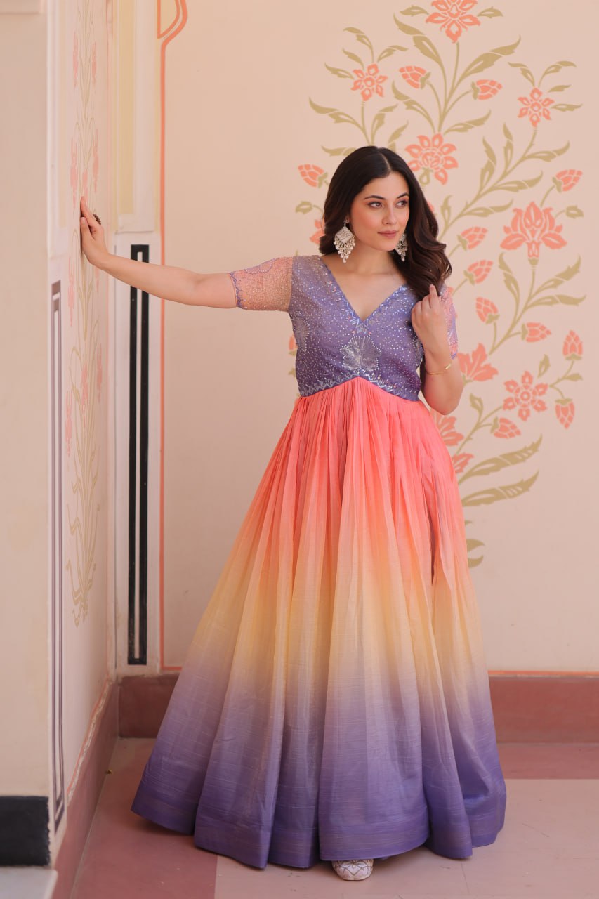 LAVENDER PINK COLOR GOLD CRUSH EMBROIDERED WORK GOWN
