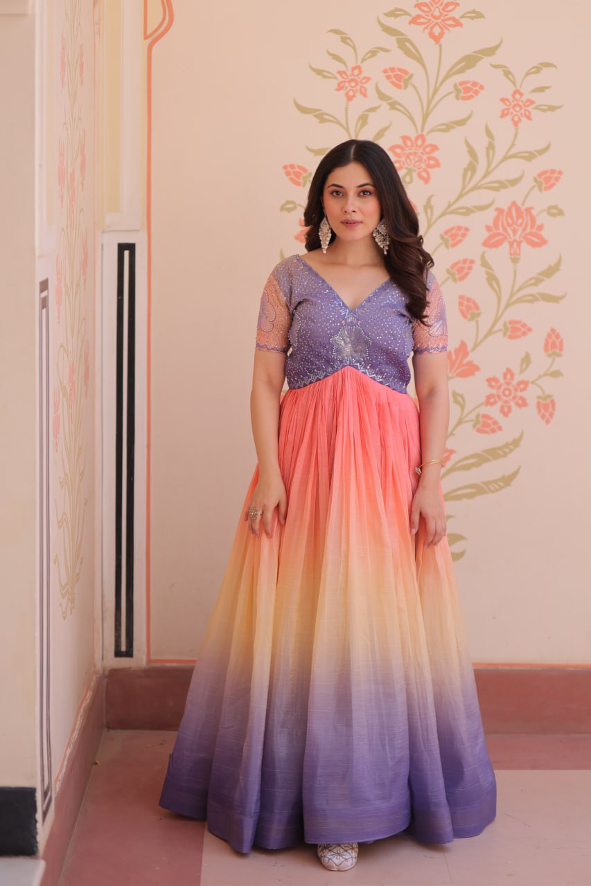 LAVENDER PINK COLOR GOLD CRUSH EMBROIDERED WORK GOWN