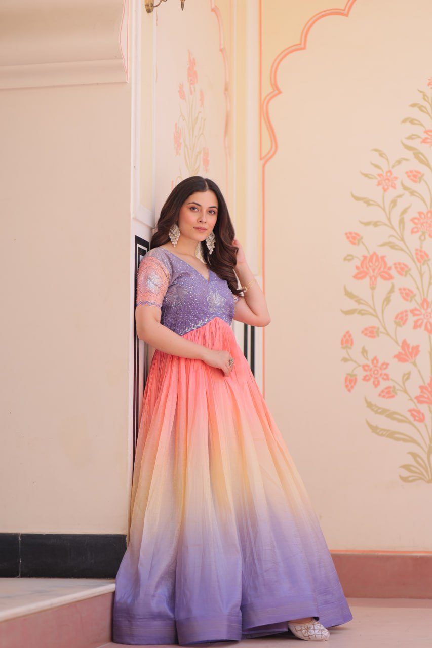 LAVENDER PINK COLOR GOLD CRUSH EMBROIDERED WORK GOWN