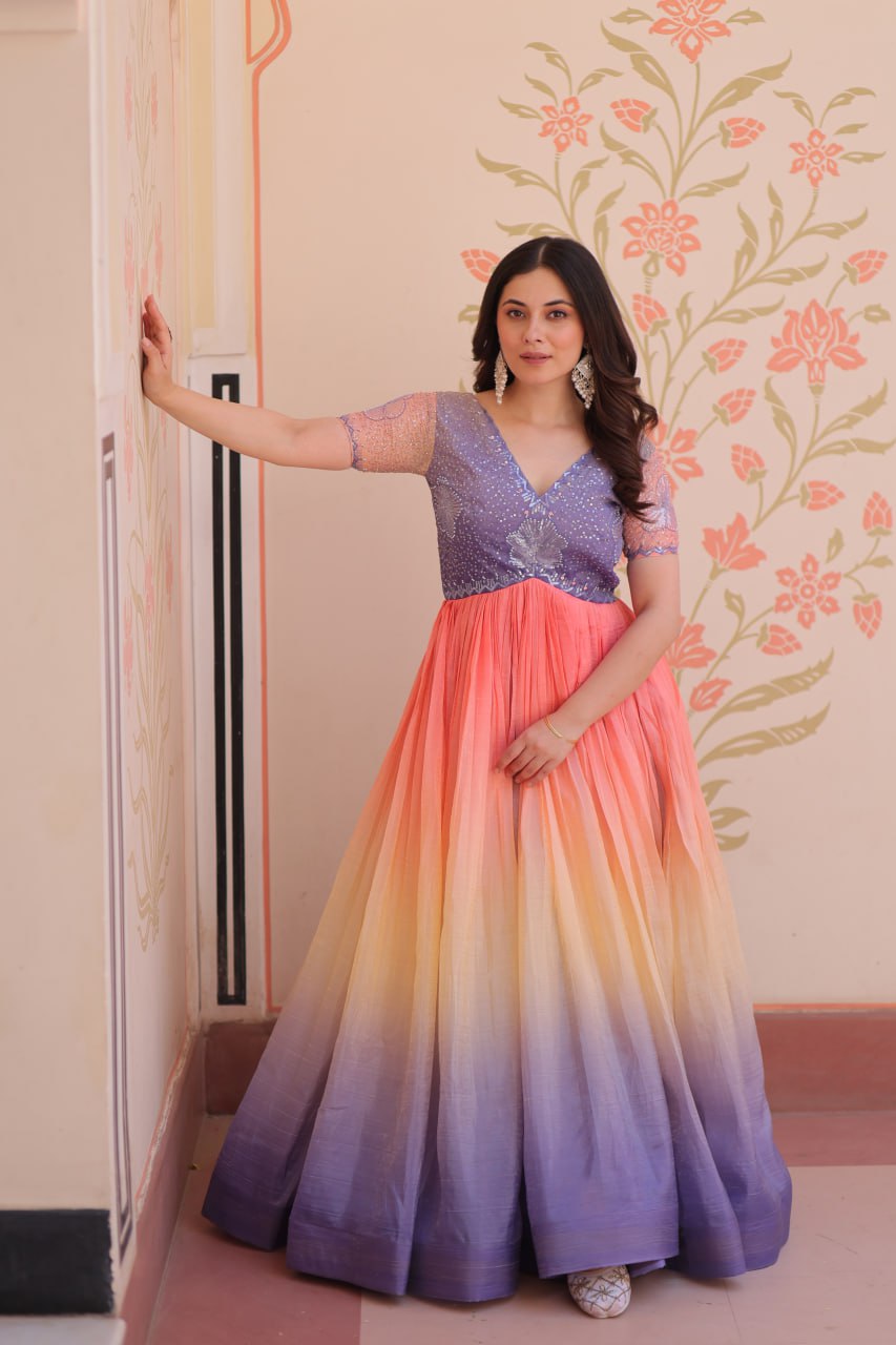 LAVENDER PINK COLOR GOLD CRUSH EMBROIDERED WORK GOWN