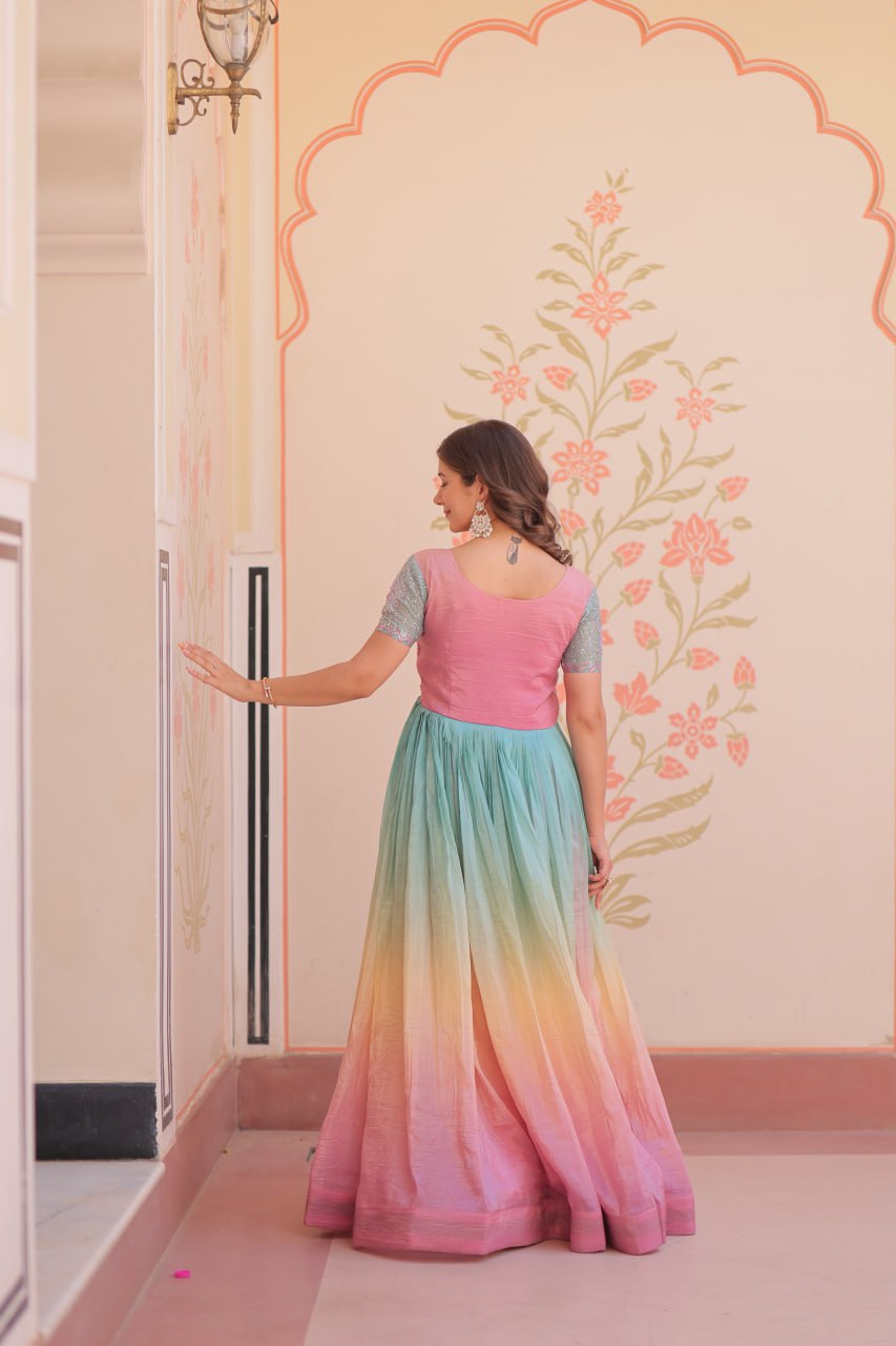 PUCE PINK COLOR GOLD CRUSH EMBROIDERED WORK GOWN